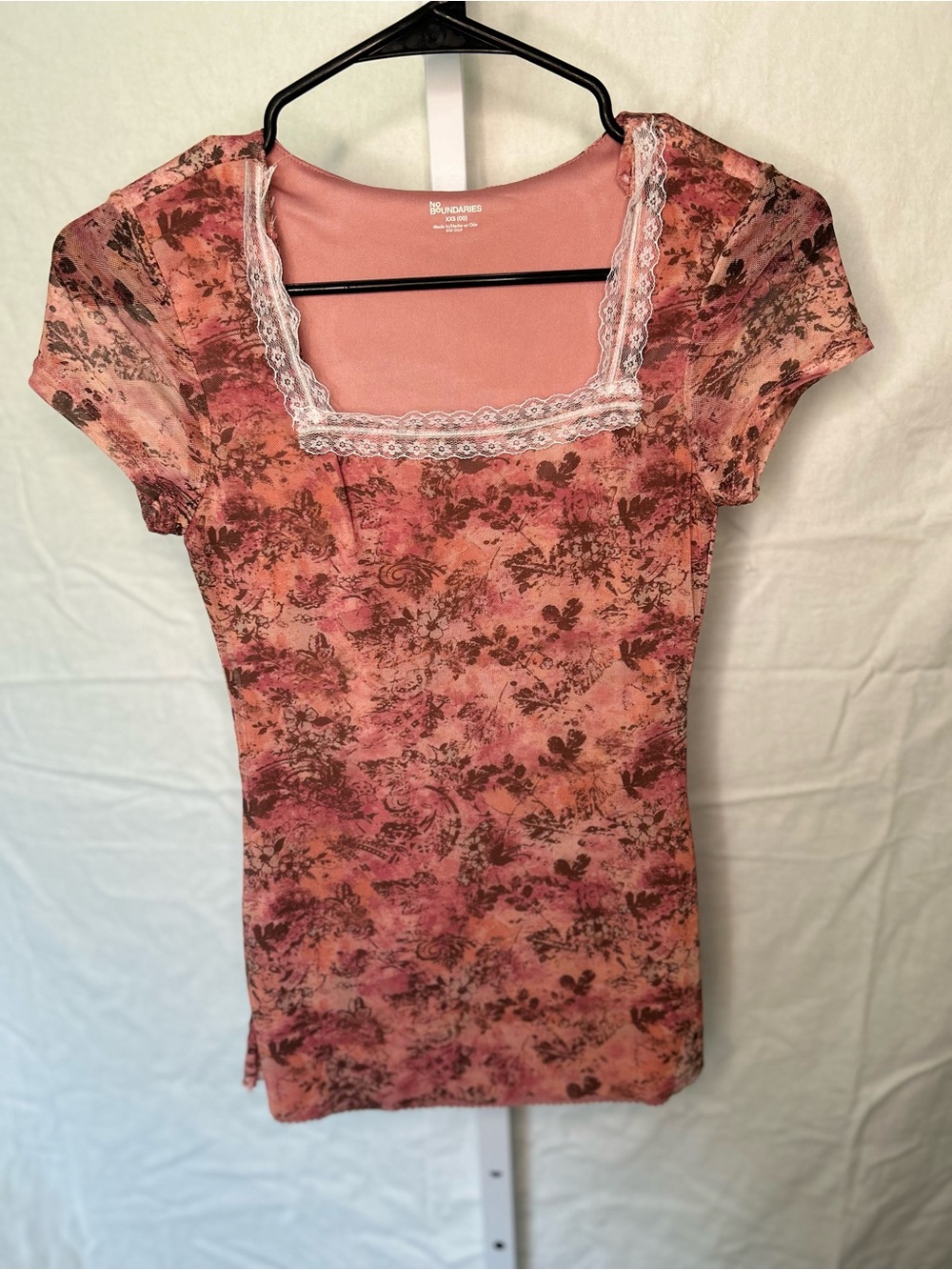 Y2K style No Boundaries Pink Floral Mesh Lace Trim Square Nexk Top Fairycore
